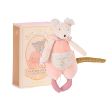 A plush toy resembling a mouse with a pink dress, attached to a golden pocket box, with embroidered details and a label reading 'Ecole de Danse - La petite souris'.
