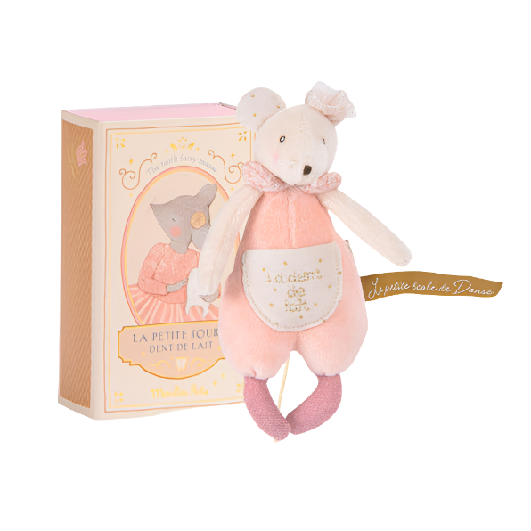 A plush toy resembling a mouse with a pink dress, attached to a golden pocket box, with embroidered details and a label reading 'Ecole de Danse - La petite souris'.