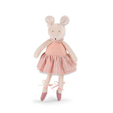 Stuffed toy mouse in a pink ballet outfit with a striped skirt and tied ballet shoes, displayed in a round gift box.