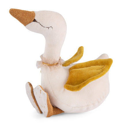 Cream swan baby rattle with gold beak, wings and feet