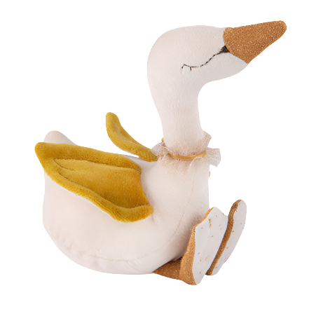 Cream velvet swan shaped baby rattle, gold velvet wings, sparkly gold beak and feet, Moulin Roty brand.