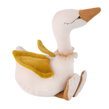Cream velvet swan shaped baby rattle, gold velvet wings, sparkly gold beak and feet, Moulin Roty brand.