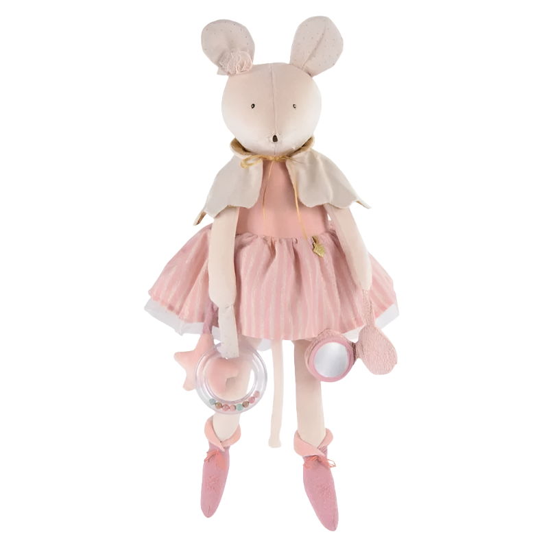 A plush toy resembling a mouse dressed in a pink outfit with a white collar, featuring embroidered details and a gold ribbon around the neck.