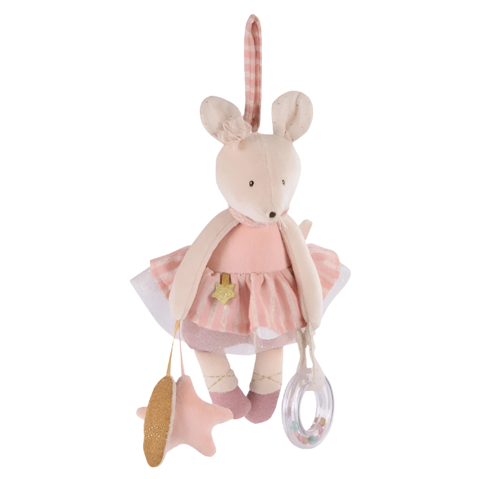 A hanging activity toy in the shape of a mouse wearing a pink dress with a tutu and holding a ring rattle, with a dinging star, rustling leaf, and a hidden mirror.