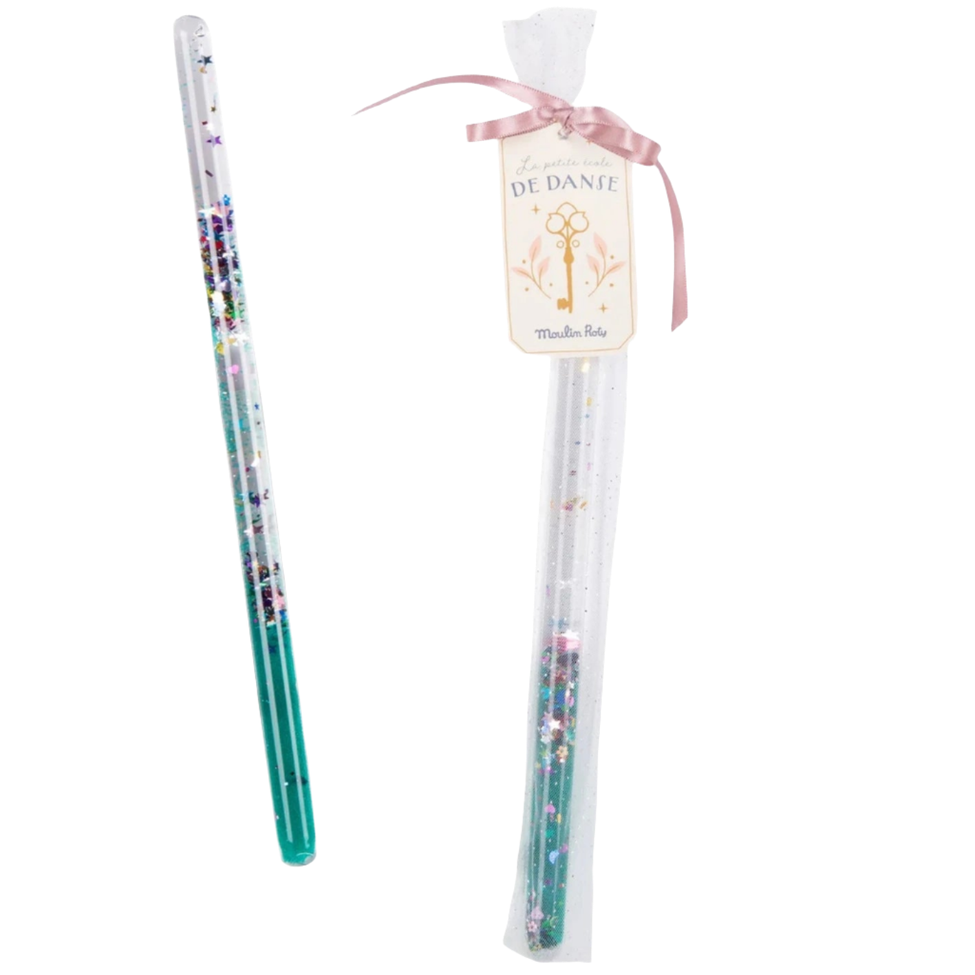 A green magic wand made of plastic/acrylic tube with a clear gel and green glitter, presented in a tulle bag with a satin ribbon.