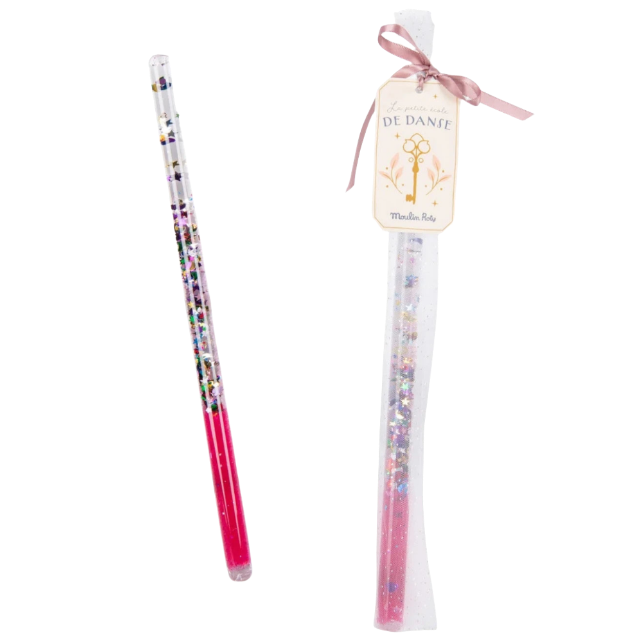A pink magic wand with glitter and sequins, presented in a tulle bag tied with a satin ribbon.