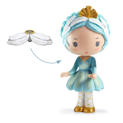 Toy figure with blue dress and headpiece on a white background
