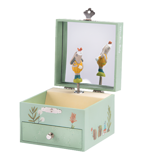 A musical jewellery box with a rabbit and foliage design, open, showing the interior with a wind-up mechanism and a small drawer.