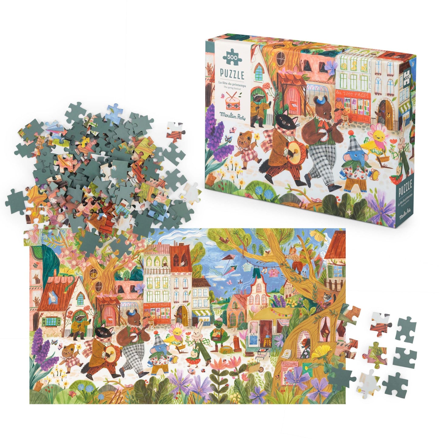 Jigsaw puzzle set with a colorful box featuring animal characters and a completed puzzle.