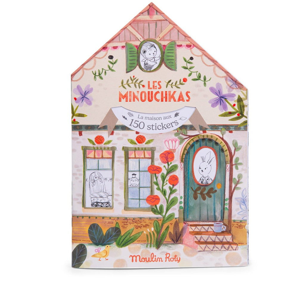 Decorative house-shaped packaging with illustrations and text on a white background