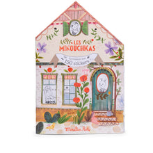 Decorative house-shaped packaging with illustrations and text on a white background