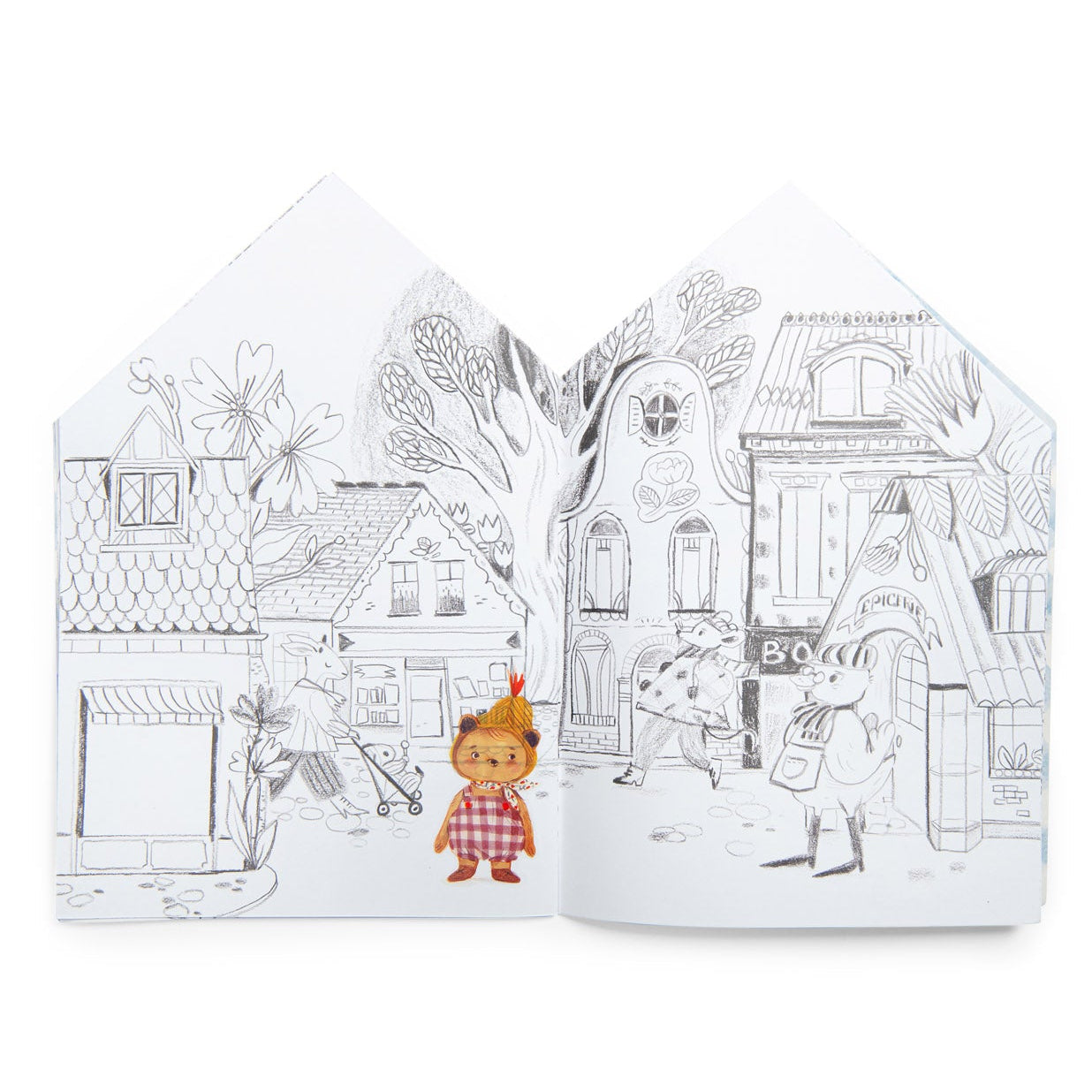 Two coloring pages with illustrations of a village scene on a white background