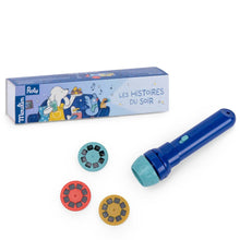 Blue storybook torch with red, blue and yellow viewing discs and illustrated cardboard retail box.