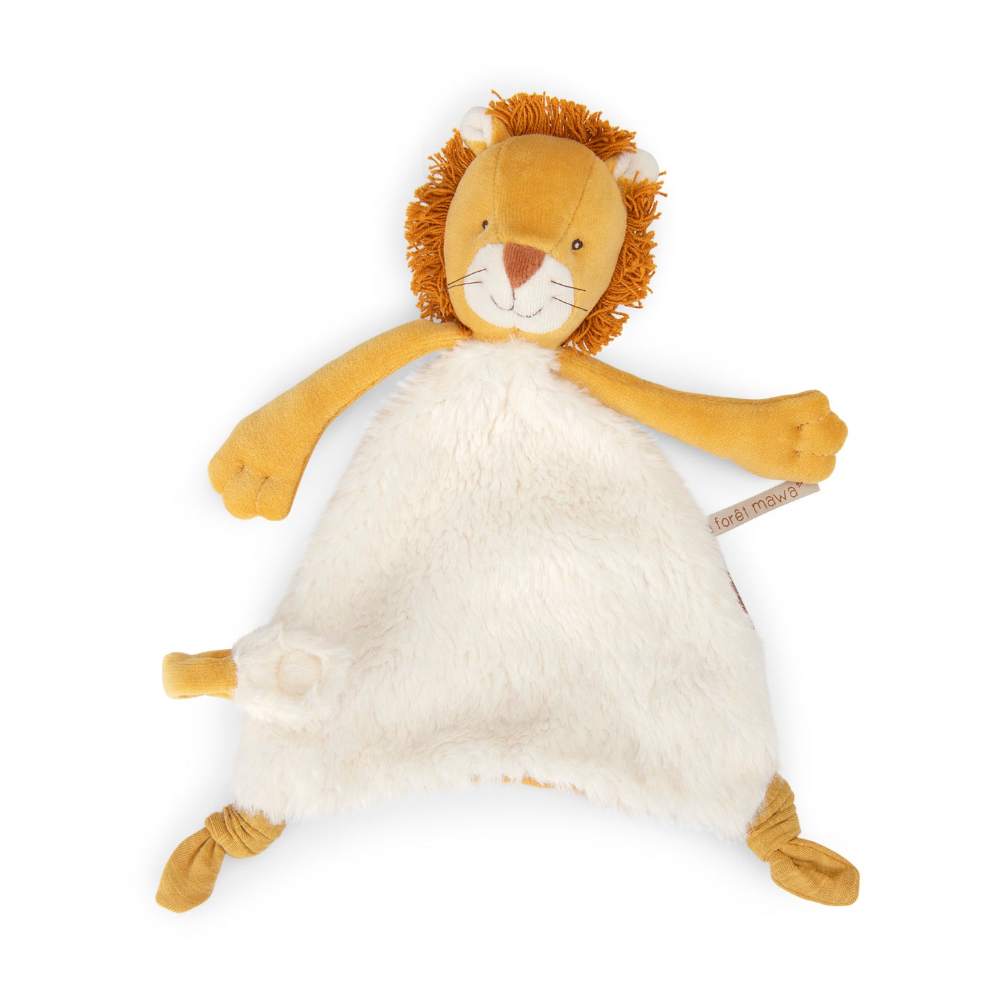 Plush lion toy baby comforter with a white belly on a white background