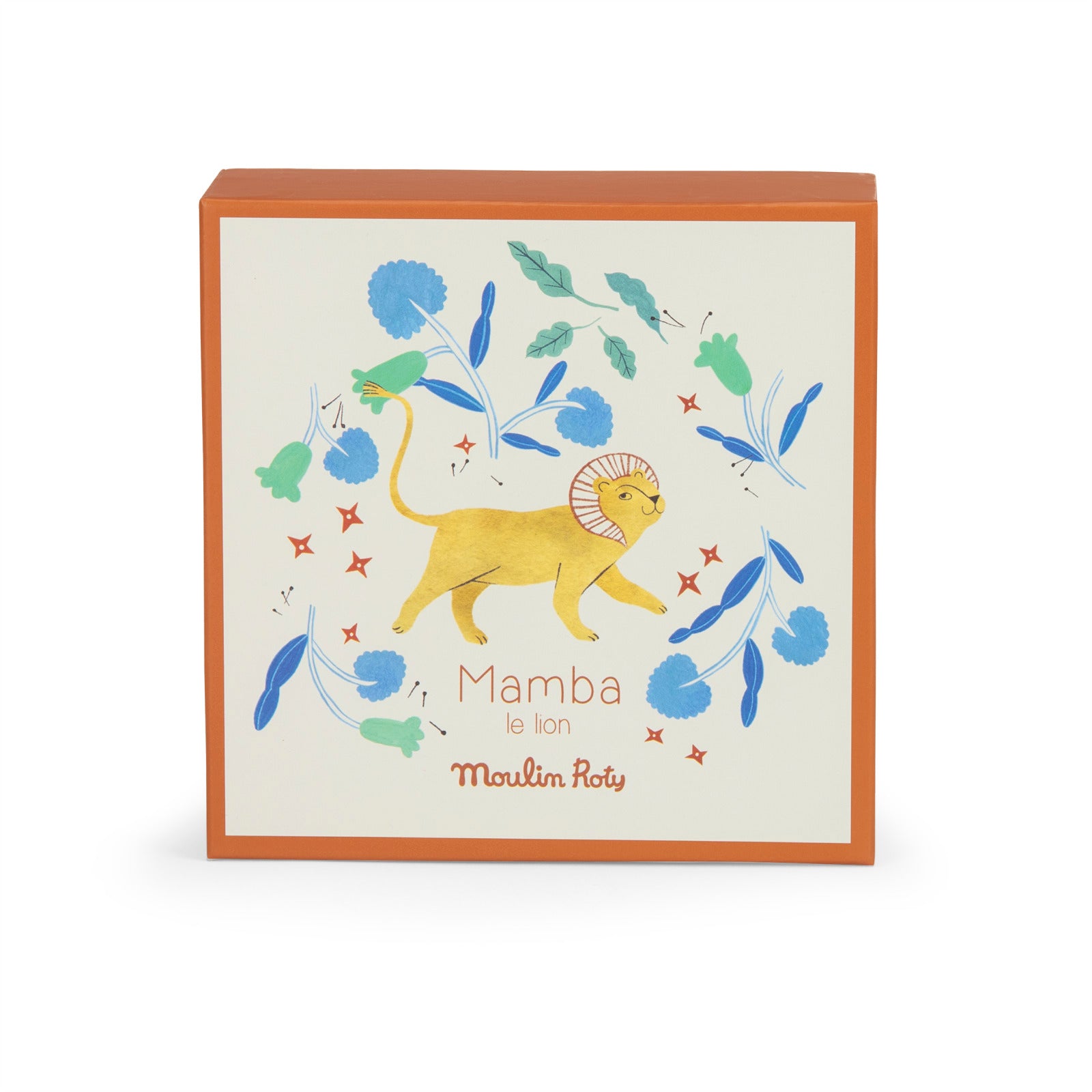 Decorative box with a lion illustration and 'Moulin Roty' branding on a white background