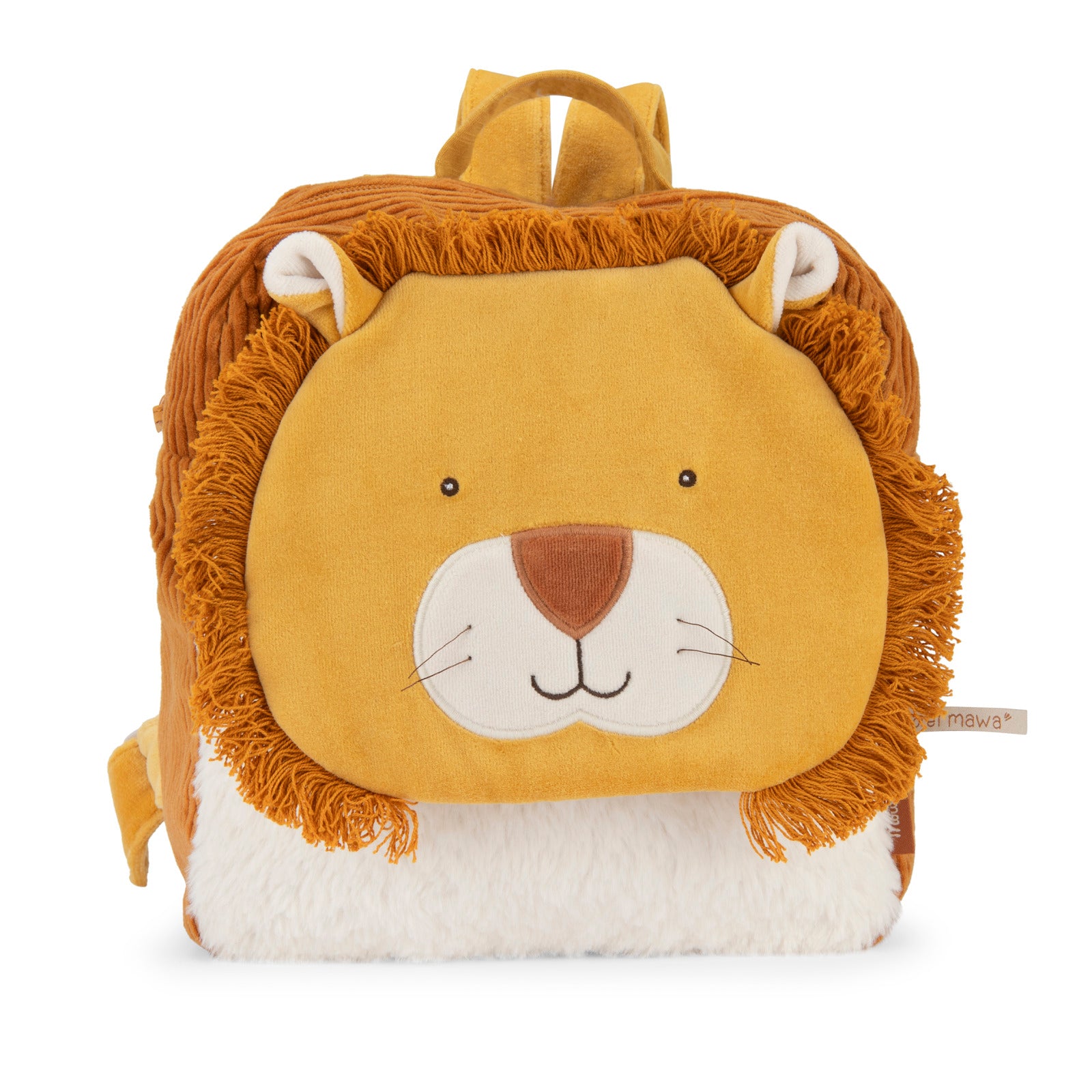 Children's backpack designed like a lion face on a white background