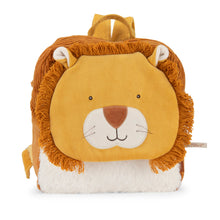 Children's backpack designed like a lion face on a white background
