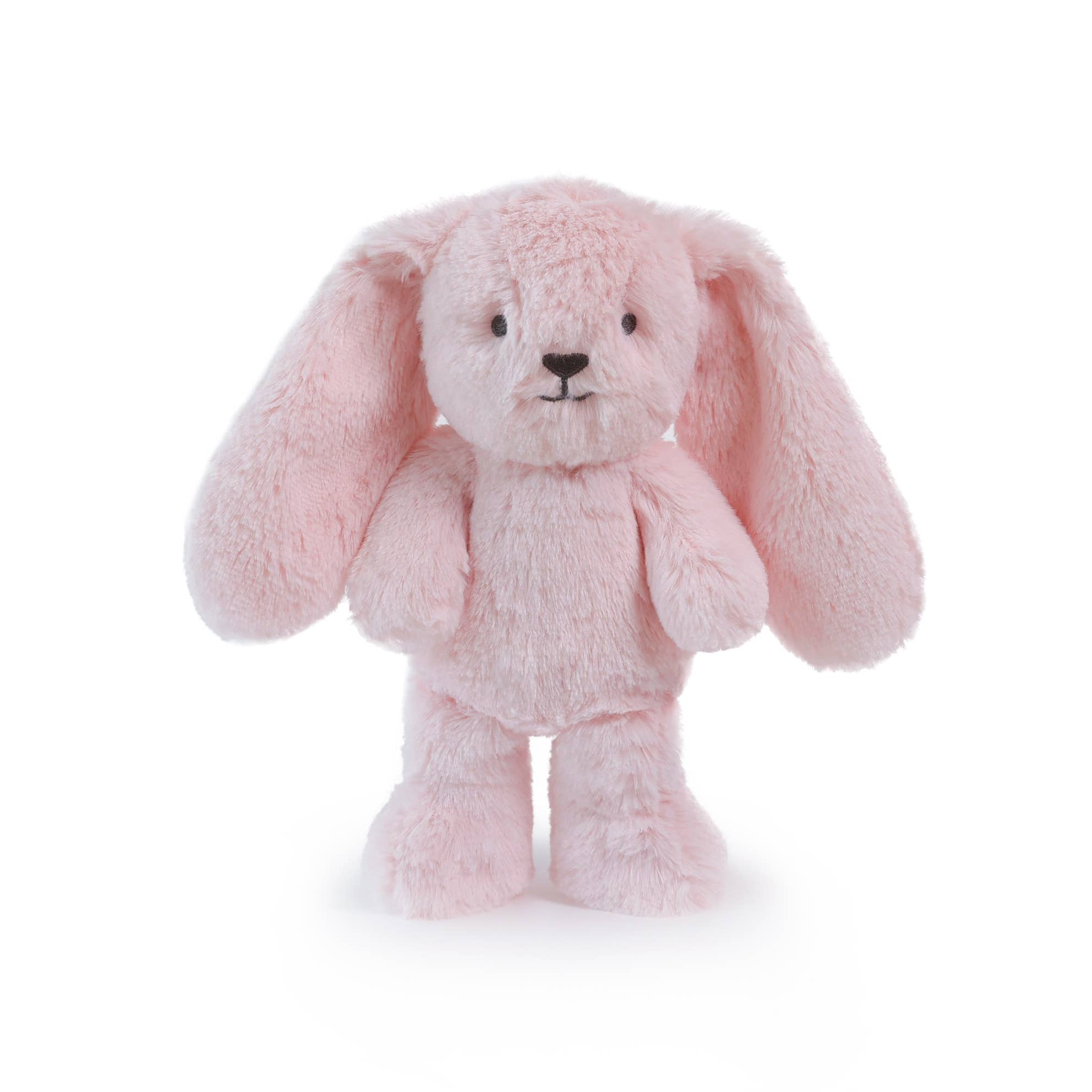 Pink plush bunny toy on a white background