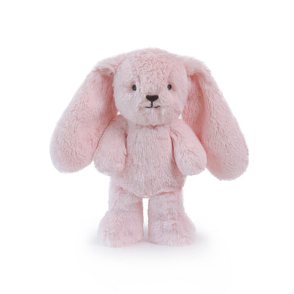 Pink plush bunny toy on a white background