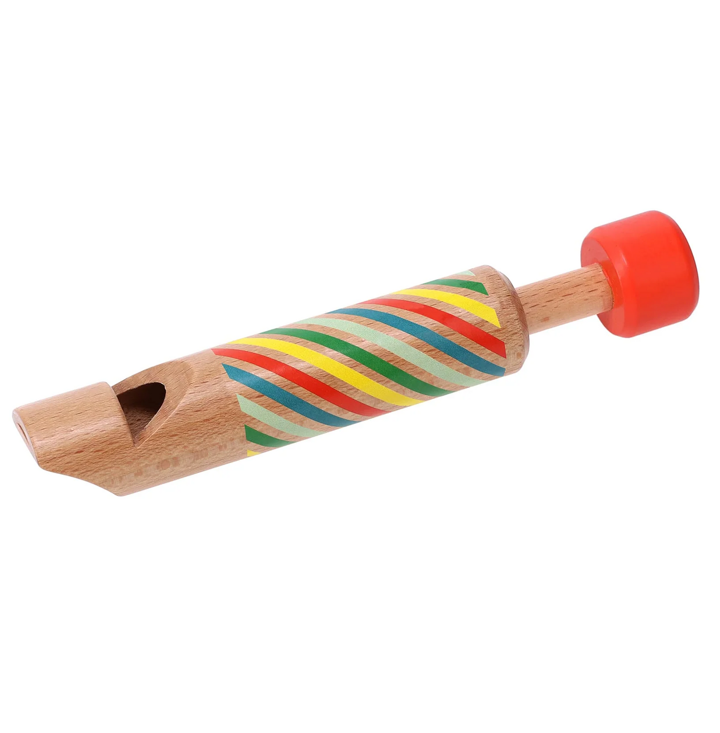 A wooden slide whistle with a colorful geometric pattern on the side and a red  wooden slide.