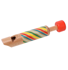 A wooden slide whistle with a colorful geometric pattern on the side and a red  wooden slide.