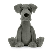 A blue-grey plush toy resembling a Great Dane with a large black nose and soft ears, made by Jellycat.