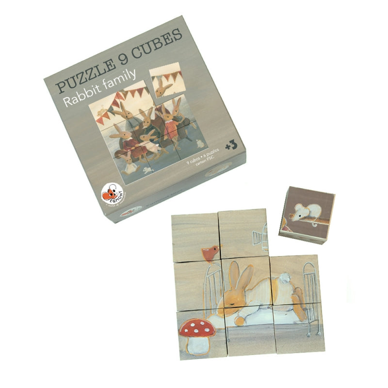 Wooden square puzzle cubes with rabbit illustrations