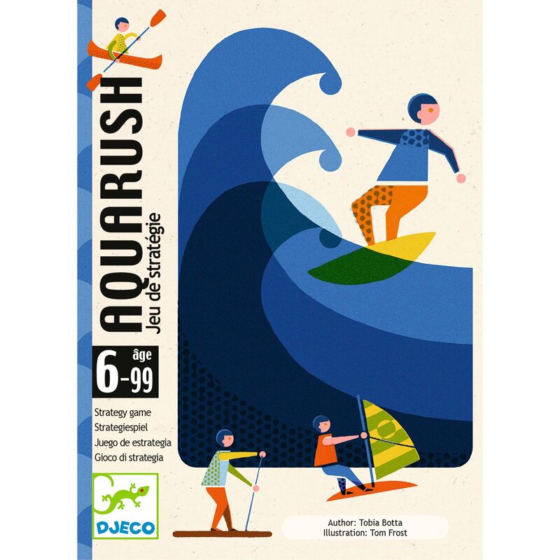 Aquarush game box with stylized illustrations of people near a wave, featuring the Djeco brand.