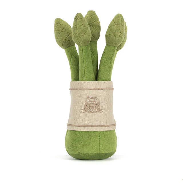 Plush green Jellycat Asparagus soft toy on a white background