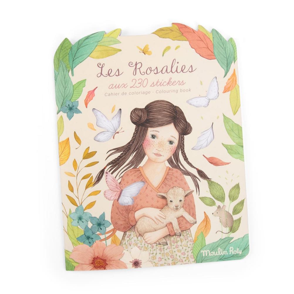 Cover of a colouring and sticker book titled 'Les Rosalies' featuring an illustrated girl with flowers and butterflies.