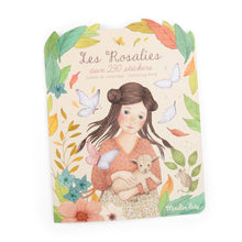 Cover of a colouring and sticker book titled 'Les Rosalies' featuring an illustrated girl with flowers and butterflies.