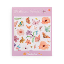 A pink-colored box packaging for 'Les Rosalies Sticker Pack' featuring various illustrated stickers such as flowers and butterflies, indicating a set of 108 assorted stickers.