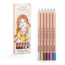 A set of six metallic coloring pencils from the Les Rosalies collection, displayed next to their illustrated cardboard packaging which features a girl holding pencils.