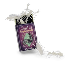Five glow in the dark plastic insects, including a spider and ants, presented in an illustrated cardboard box labeled 'Insectes Merveilleux'.