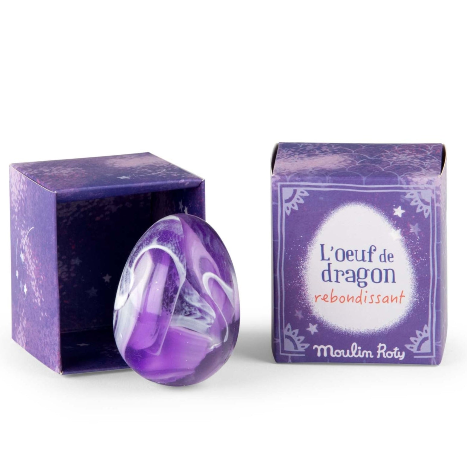 Purple and white egg shaped rubber bouncing  ball with packaging on a white background