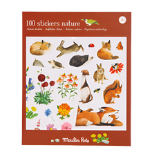 Packaging of '100 stickers nature' featuring various illustrated animals and plants.