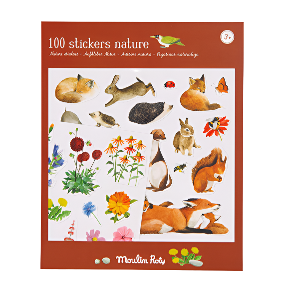 Packaging of '100 stickers nature' featuring various illustrated animals and plants.