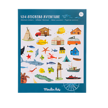 A pack of Moulin Roty stickers with various illustrated adventure themes including animals, vehicles, and buildings.