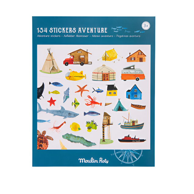 A pack of Moulin Roty stickers with various illustrated adventure themes including animals, vehicles, and buildings.