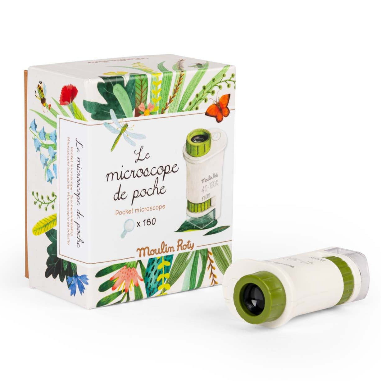 Small cream and white pocket microscope with pretty illustrated cardboard retail box