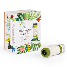 Small cream and white pocket microscope with pretty illustrated cardboard retail box
