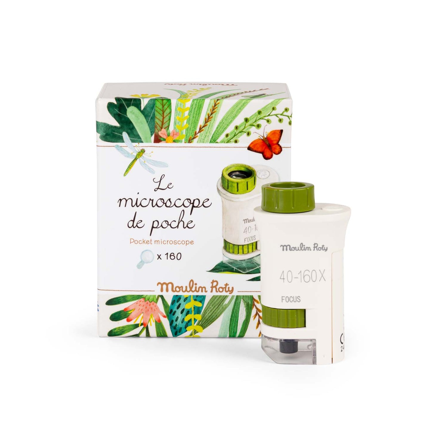 Small cream and white pocket microscope with pretty illustrated cardboard retail box.