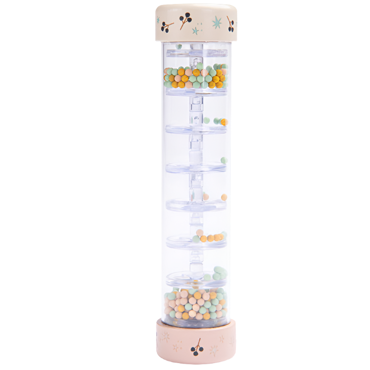 A colorful rain stick toy made by Moulin Roty, featuring small colored beads in a clear tube, designed for children.