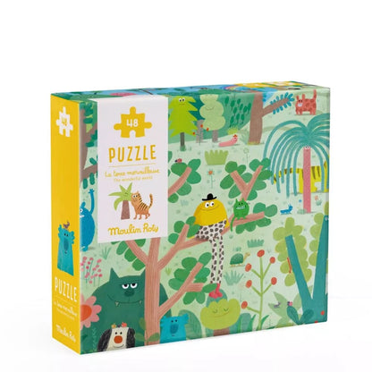 Colorful puzzle box with animal illustrations on a white background