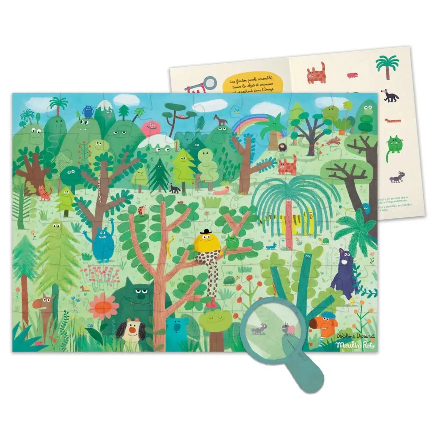 Children's puzzle with colorful forest design and magnifying glass on a white background
