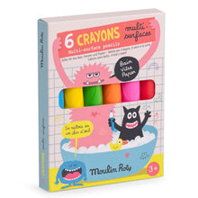 Box of 6 crayons with colorful illustrations on a white background