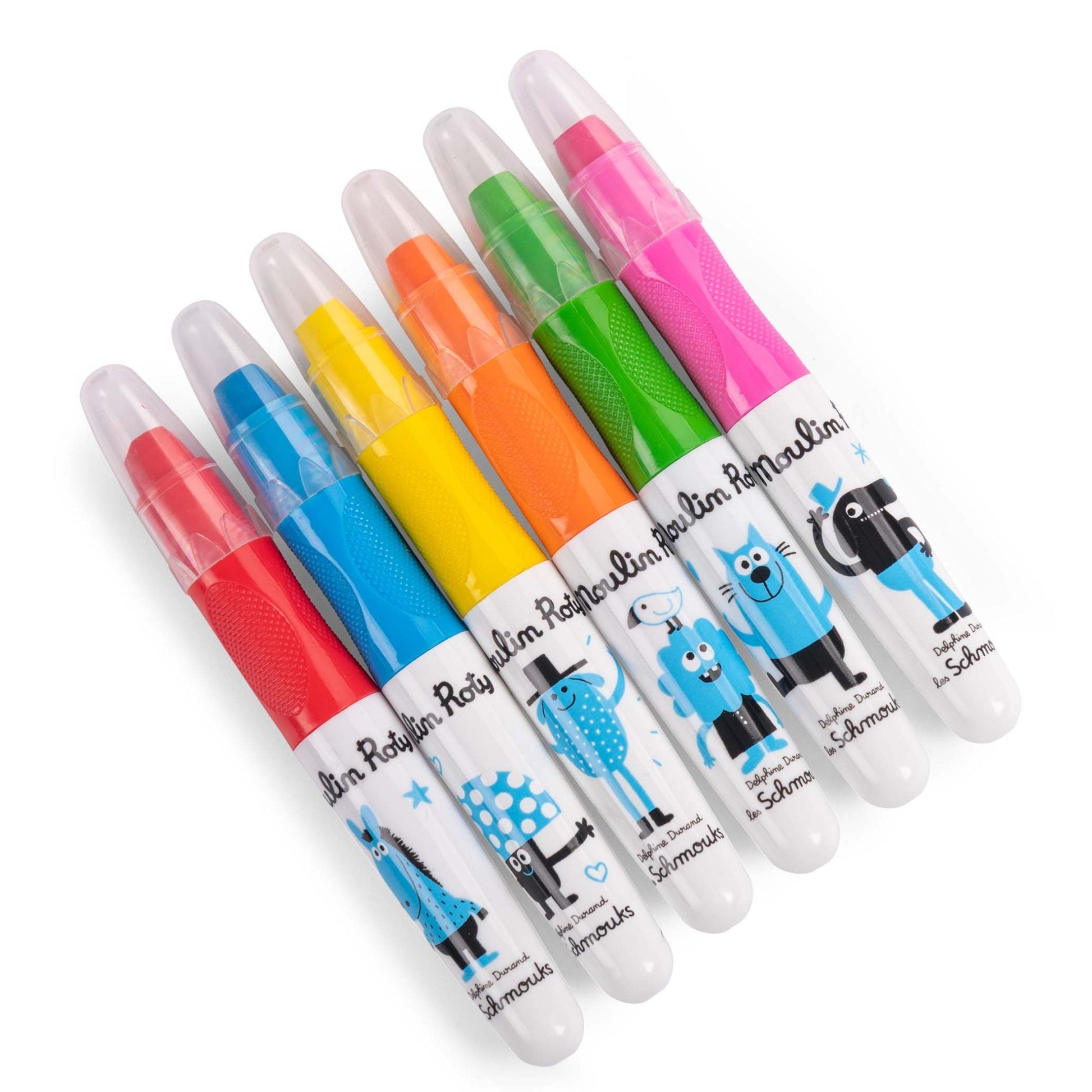 Set of colorful markers with cartoon character on a white background