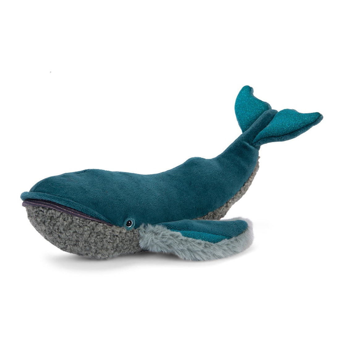 Blue whale-shaped toy on a white background
