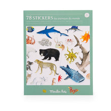 A pack of 78 stickers featuring various illustrated animals from the 'Autour du monde' collection.