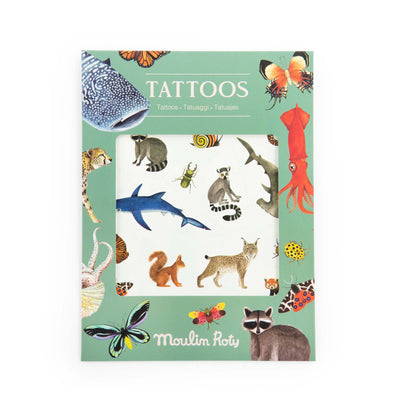 Packaging of Moulin Roty tattoos with animal illustrations on a green background